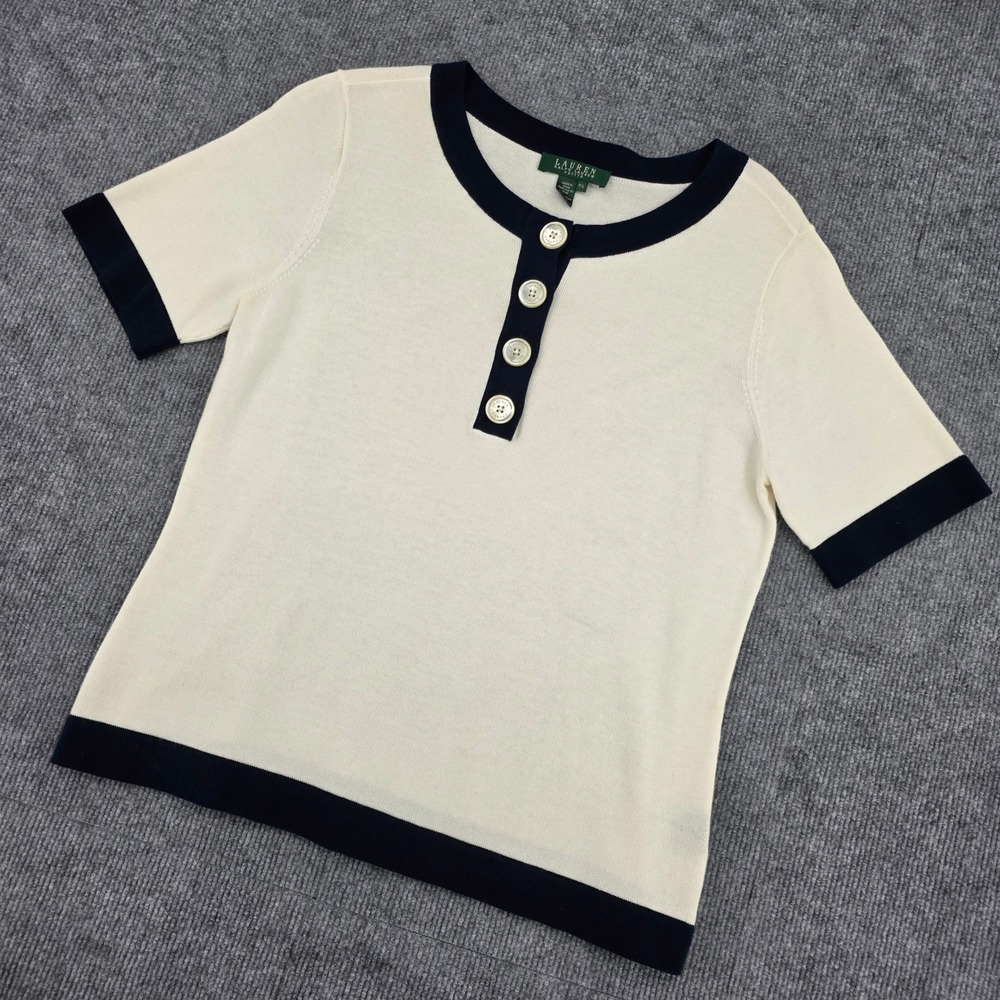 Lauren Ralph Lauren Petite Large Cream Navy Blue Cotton Henley Knit Top
